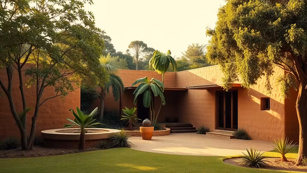 rammed earth house Brazil exterior, compacted earth walls, lush tropical garden,