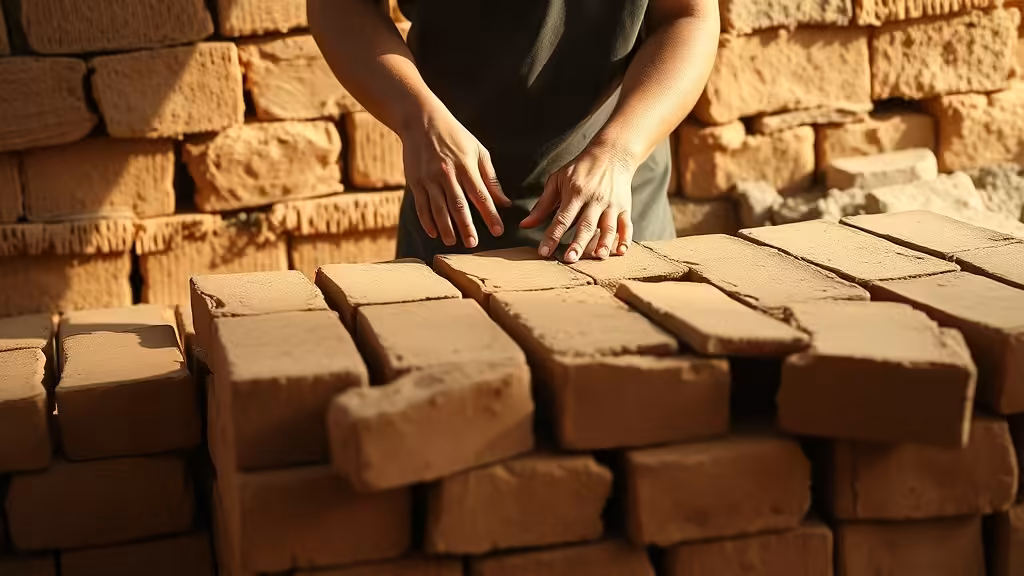 traditional adobe brick making process, artisan hands shaping clay bricks, rural