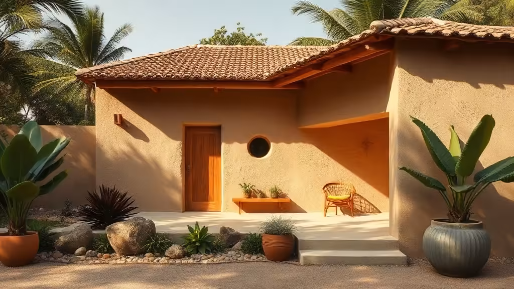 bioconstrucao-o-que-e-tecnicas-como-comecar-fal-05 completed bioconstruction home Brazil, natural earth plaster walls, tiled roof,