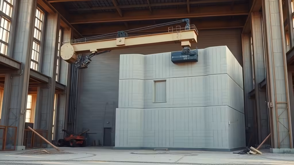 large robotic gantry arm 3D concrete printer extruding walls layer by layer on c
