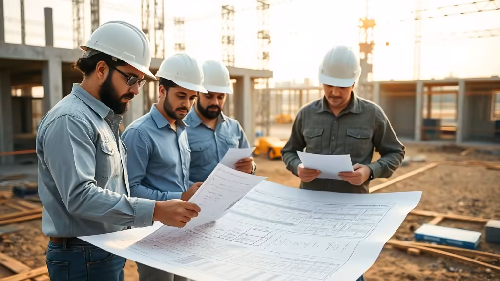Certificação LEED - Constructors construction site team reviewing blueprints with sustainability documentation in