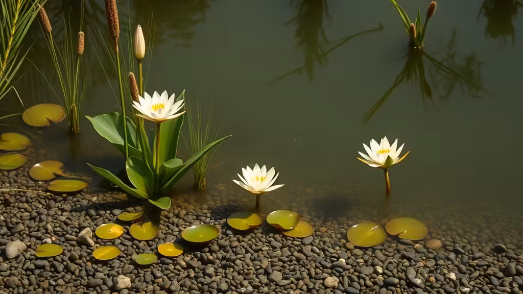 natural pool biological filtration zone, gravel substrate with water lily papyru